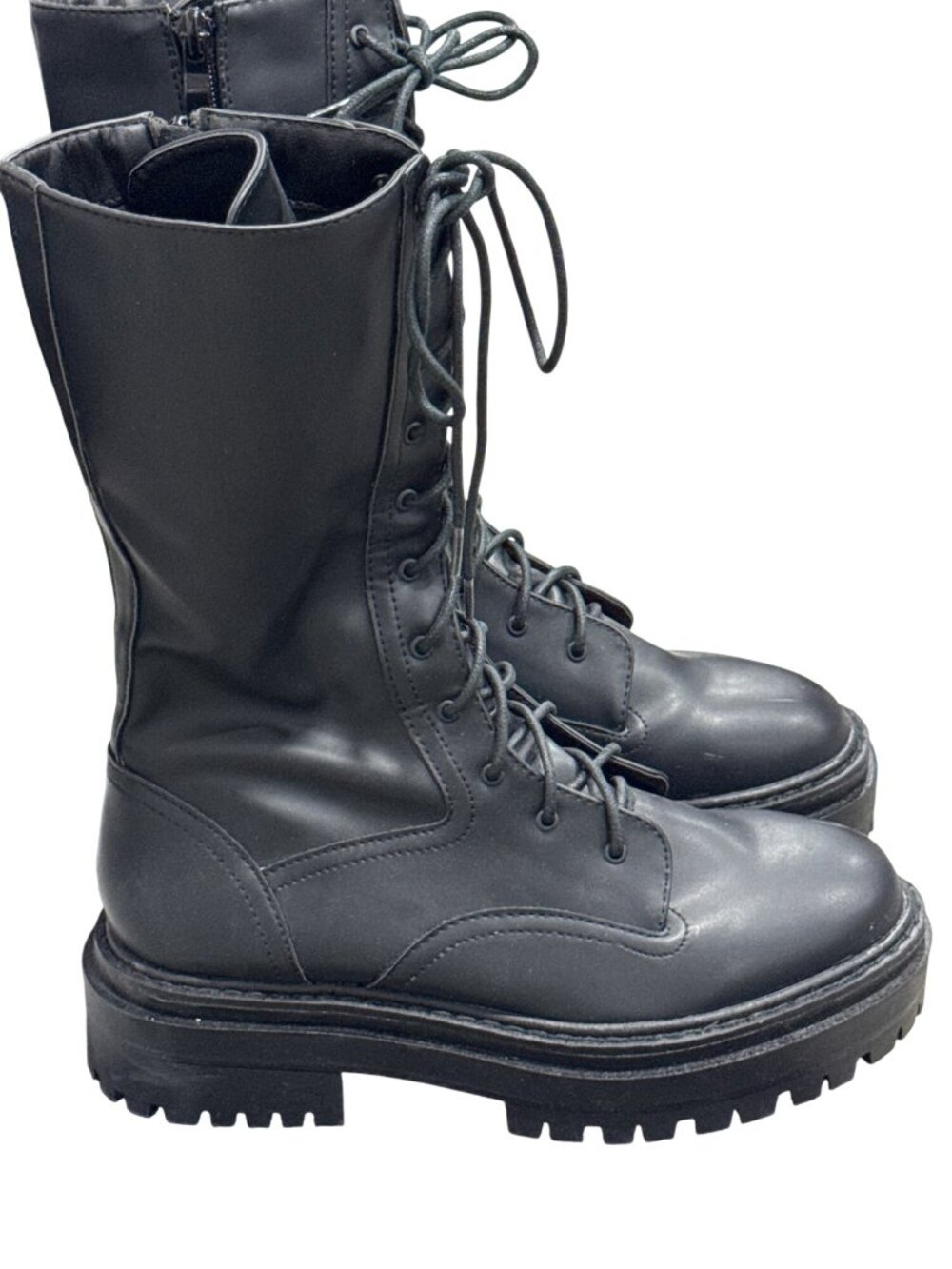 NASTY GAL Black Leather Combat Boots Mid Calf Lace Up Zip Side Chunky Platform 3 - Picture 2 of 8